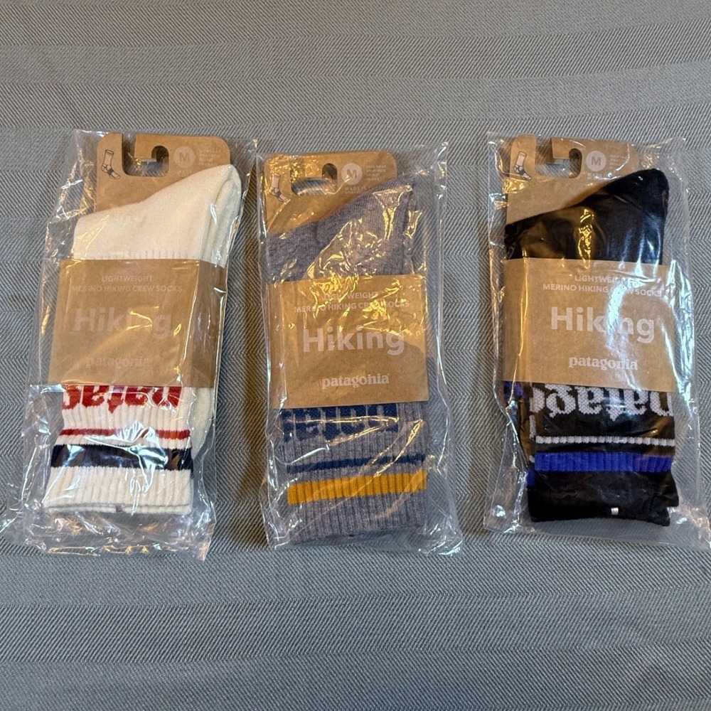 Patagonia 3 Pack Lightweight Merino Hiking Crew Socks M White Grey Black TTP114